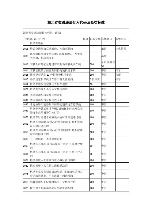湖北省交通违法行为代码及处罚标准