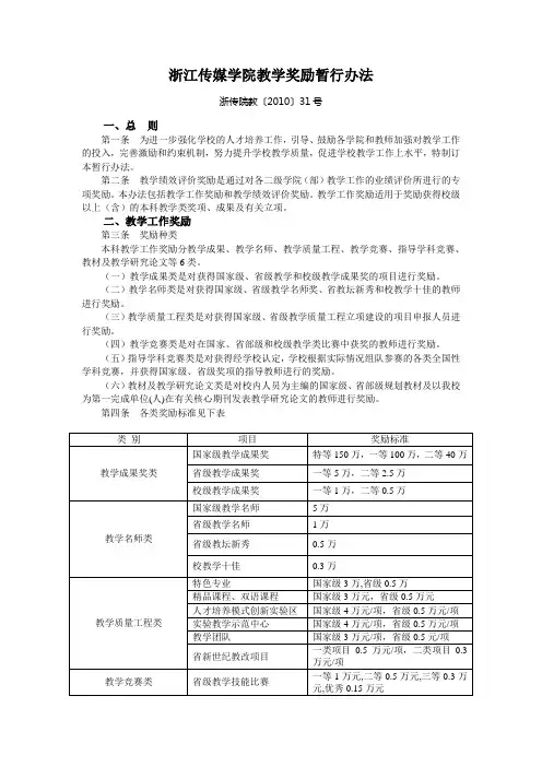 浙江传媒学院教学奖励暂行办法