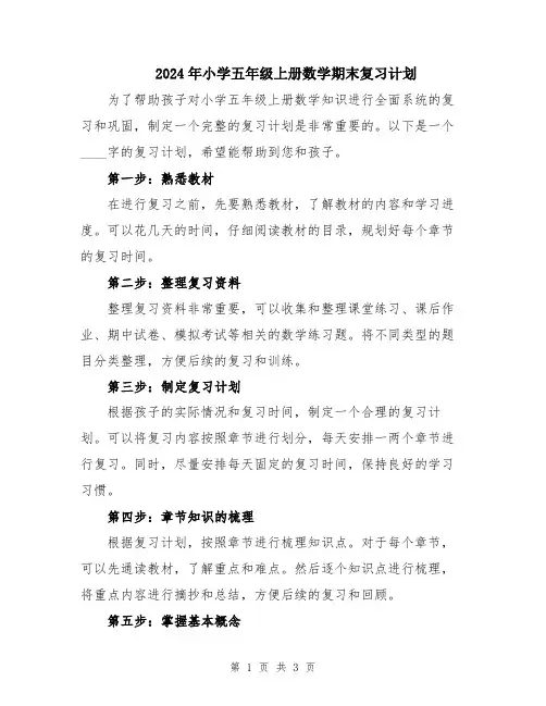 2024年小学五年级上册数学期末复习计划