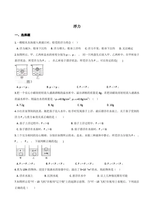 2019年中考物理(湖南专用)一轮复习专题：浮力
