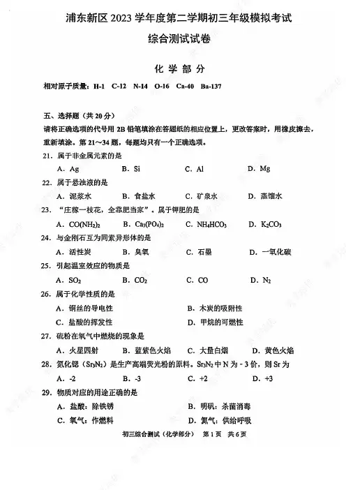 2024上海浦东新区初三二模化学试卷及答案
