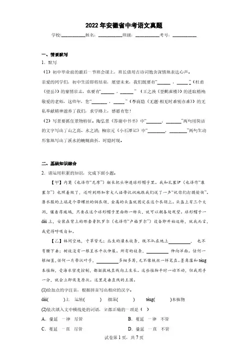 2022年安徽省中考语文真题(解析版)