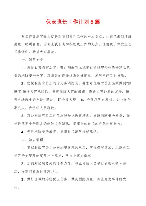 保安班长工作计划5篇