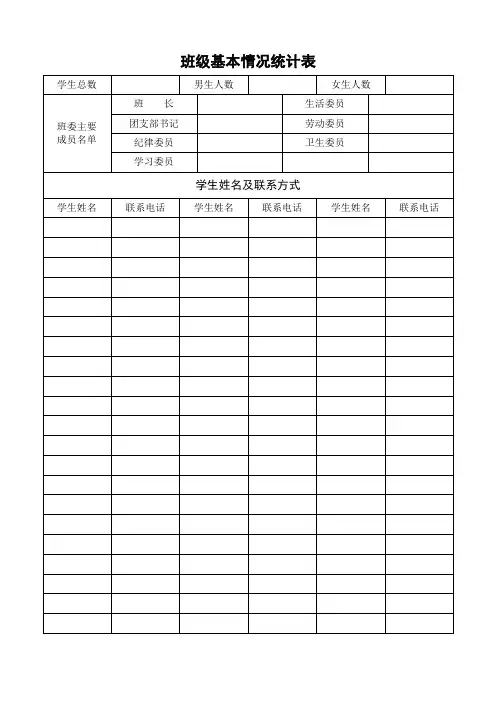班主任工作手册、班级基本情况统计表