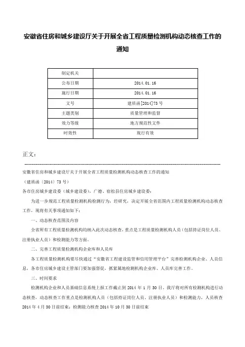 安徽省住房和城乡建设厅关于开展全省工程质量检测机构动态核查工作的通知-建质函[2014]73号