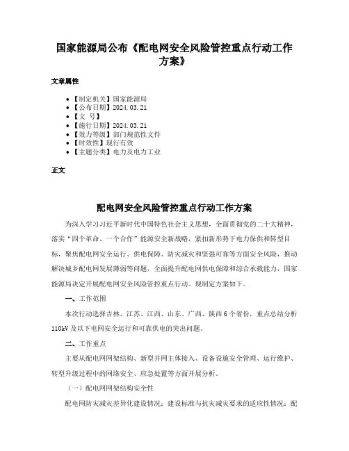 国家能源局公布《配电网安全风险管控重点行动工作方案》