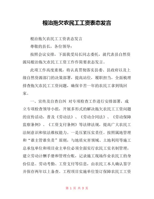 根治拖欠农民工工资表态发言