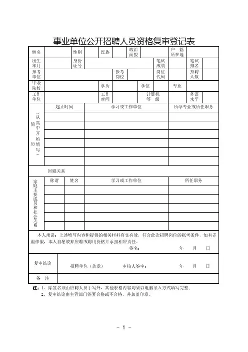 事业单位公开招聘人员资格复审登记表