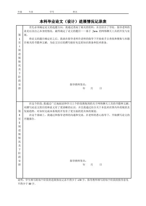 毕业论文进展情况记录表
