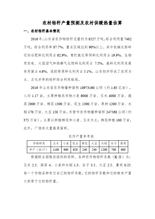 农村秸秆产量预测及农村供暖热量估算