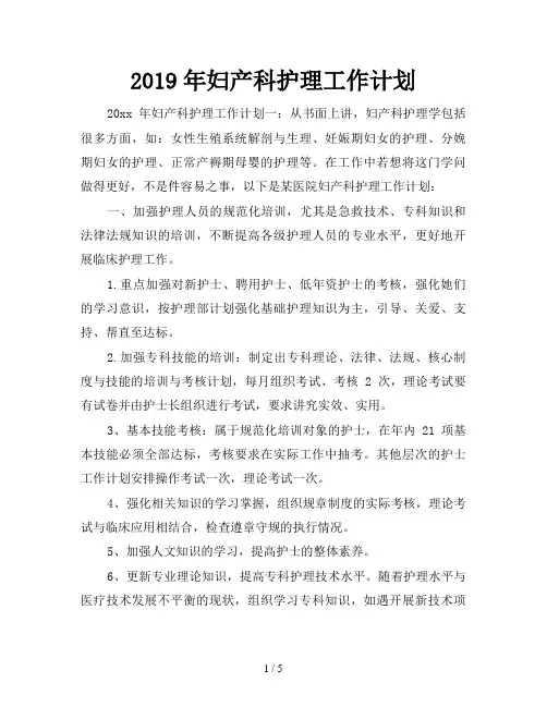 2019年妇产科护理工作计划