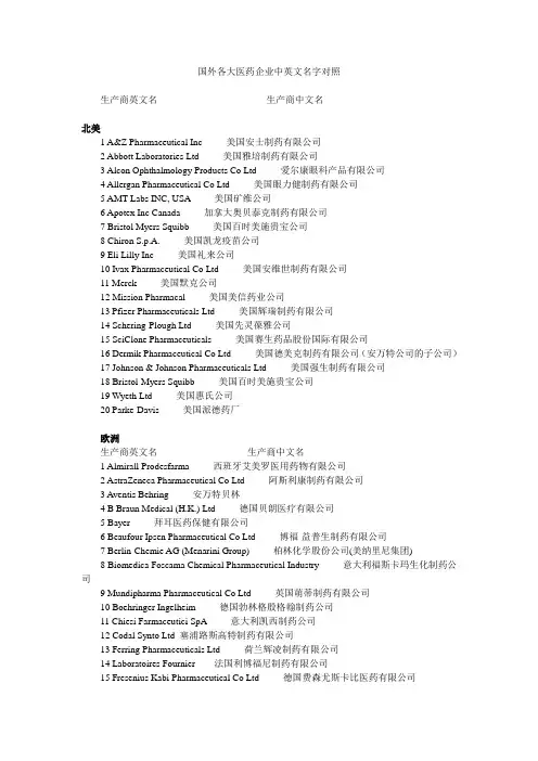 国外各大医药企业中英文名字对照
