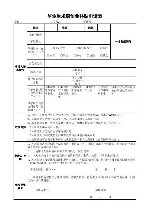 毕业生求职创业补贴申请表