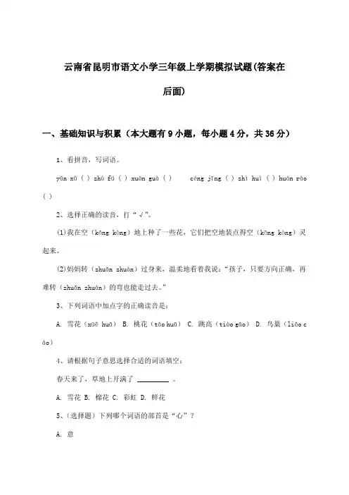 云南省昆明市语文小学三年级上学期试题与参考答案