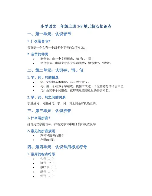小学语文一年级上册1-8单元核心知识点