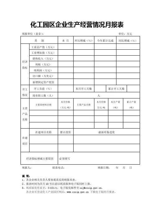 化工园区企业生产经营情况月报表