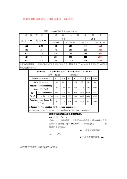 常用高强度螺栓预紧力和拧紧扭矩