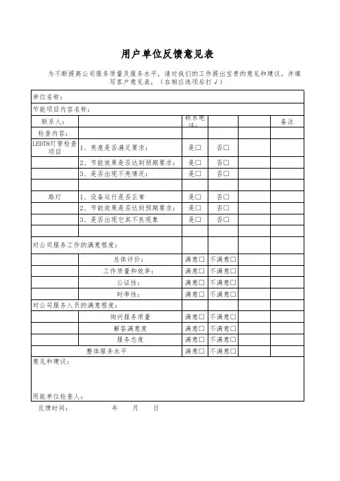 用户单位反馈意见表