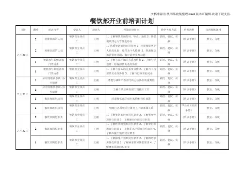 五星级酒店餐饮部开业前培训计划