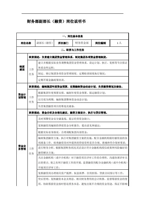 财务部副部长(融资)岗位说明书