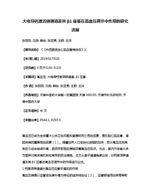 大电导钙激活钾通道及其β1亚基在高血压调节中作用的研究进展