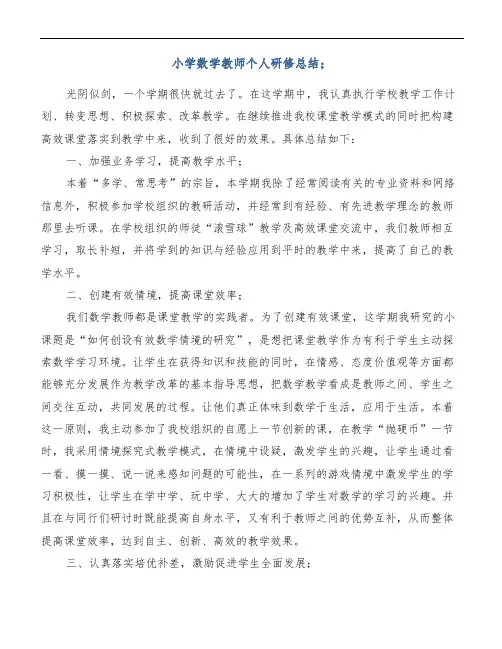 【精品范文】小学数学教师个人研修总结