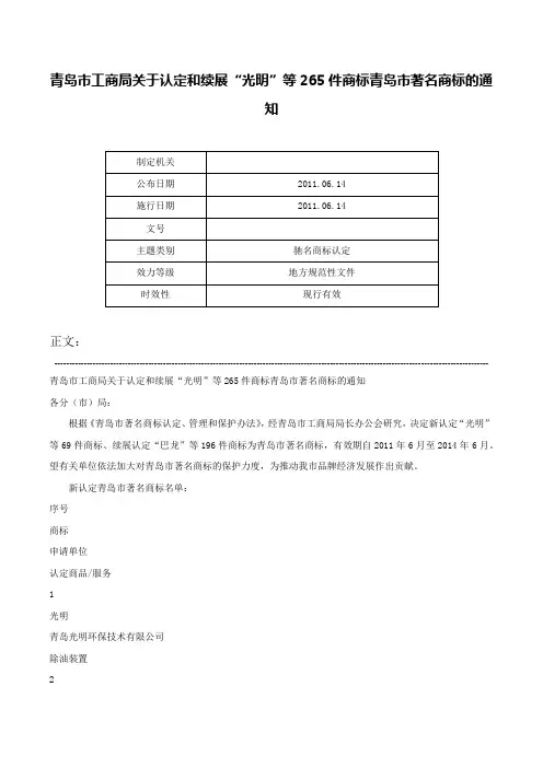 青岛市工商局关于认定和续展“光明”等265件商标青岛市著名商标的通知-