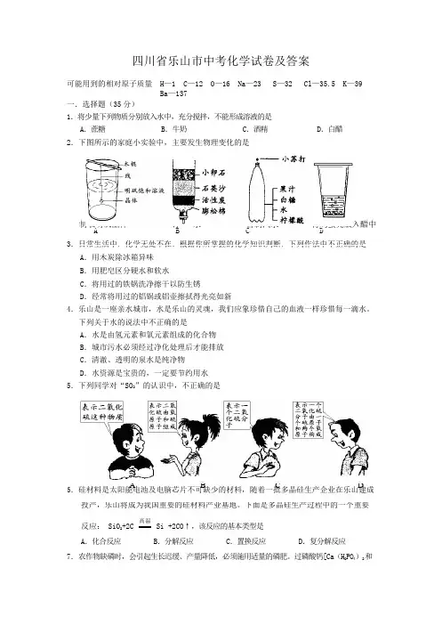 四川省乐山市中考化学试卷及答案