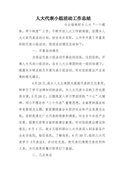 人大代表小组活动工作总结