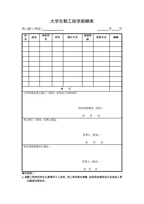 大学生勤工助学薪酬表