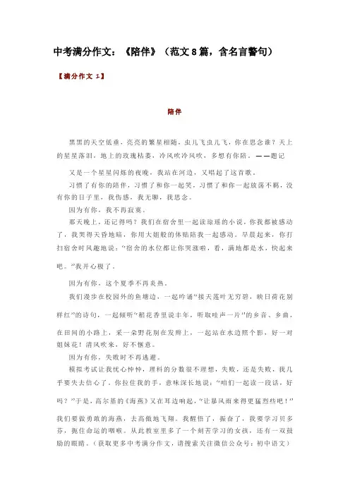 中考满分作文：《陪伴》(范文8篇,含名言警句)