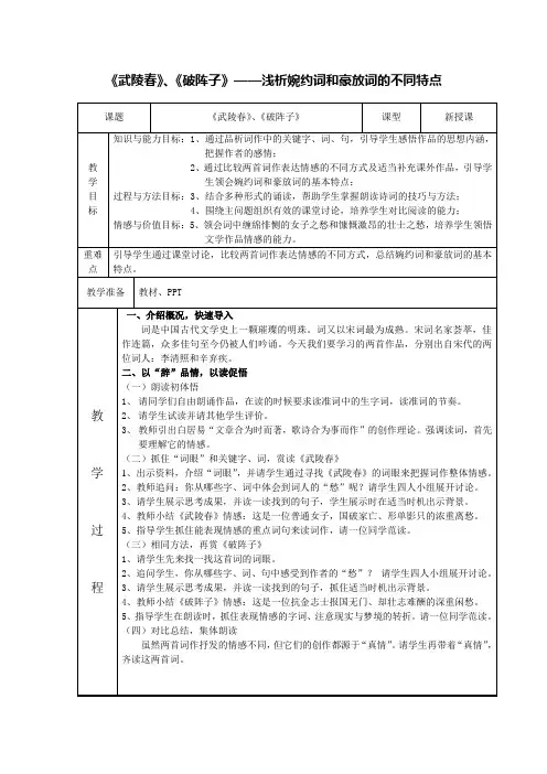 语文人教版九年级上册《武陵春》《破阵子》——浅析婉约词和豪放词的不同特点