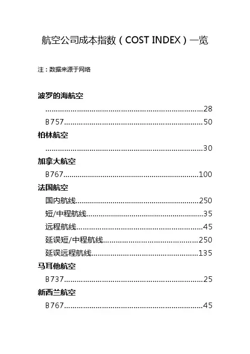 航空公司成本指数(COST INDEX)一览