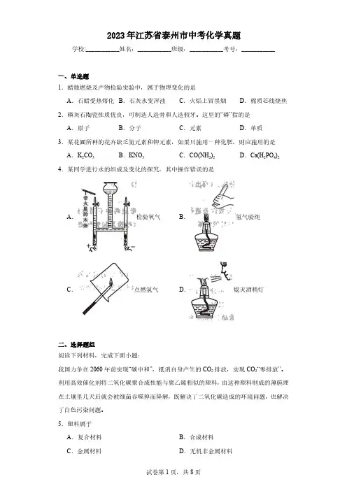 2023年江苏省泰州市中考化学真题(含解析)