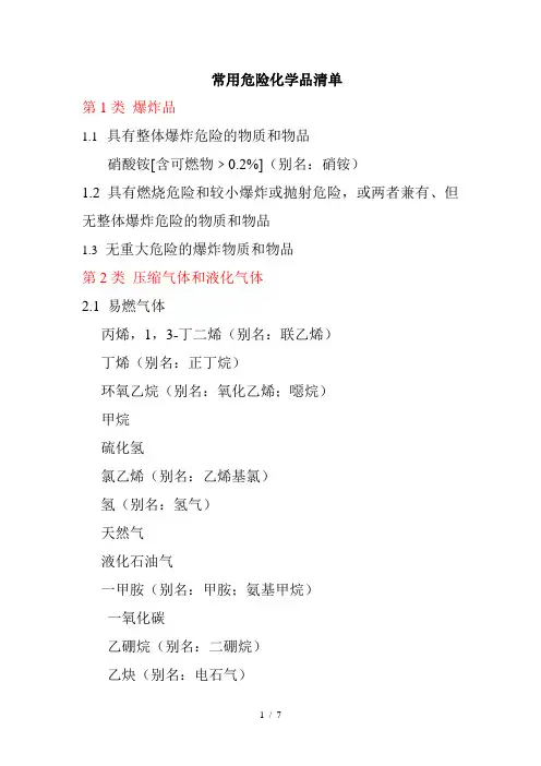 常用危险化学品清单