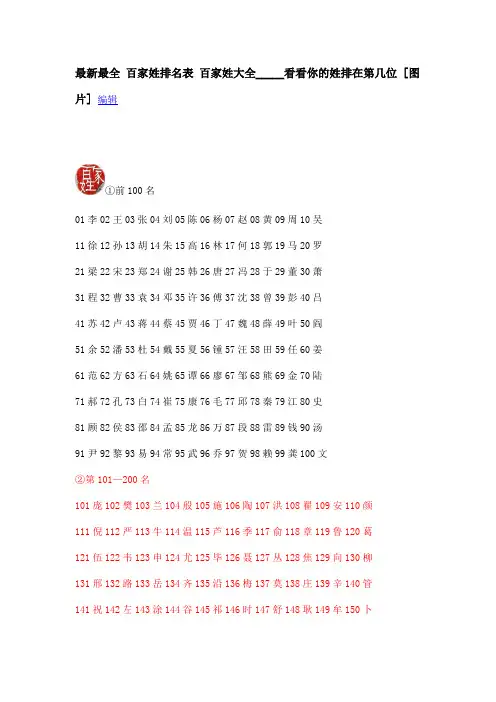 最新最全 百家姓排名表 百家姓大全_____看看你的姓排在第几位