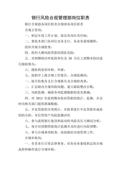 银行风险合规管理部岗位职责