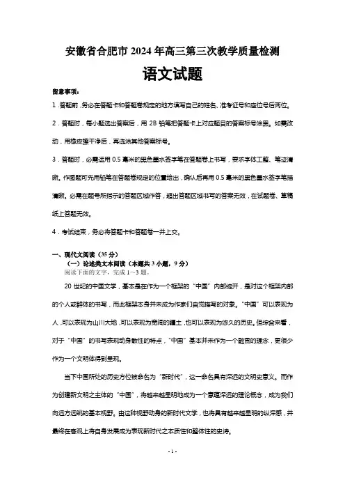 安徽省合肥市2024年高三第三次教学质量检测语文试卷(含文言文翻译)