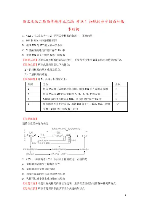 高三生物二轮高考题考点汇编 考点1 细胞的分子组成和基本结构