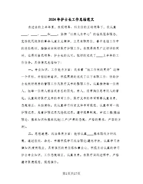 2024年护士长工作总结范文(7篇)