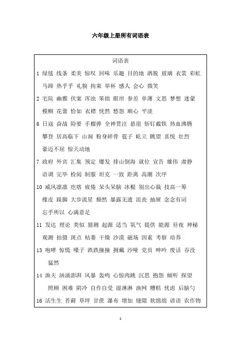 六年级上册所有词语表