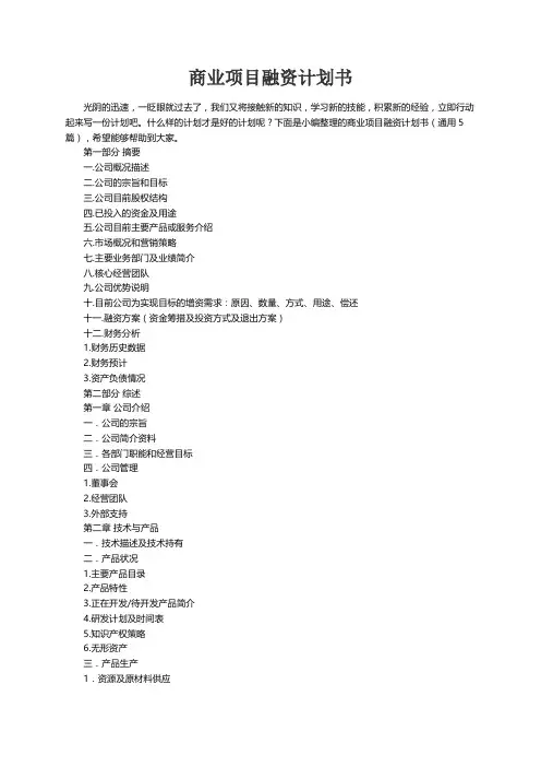 商业项目融资计划书（通用5篇）