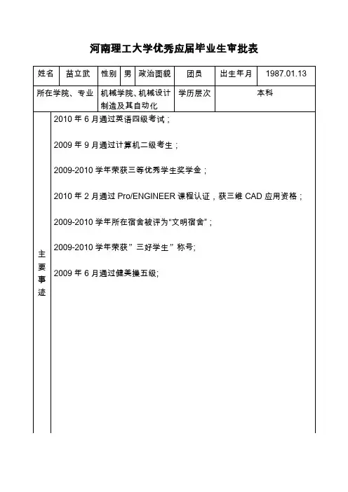 河南理工大学优秀应届毕业生审批表