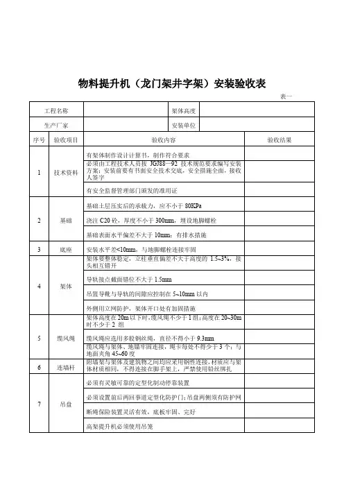 物料提升机(龙门架井字架)安装验收表