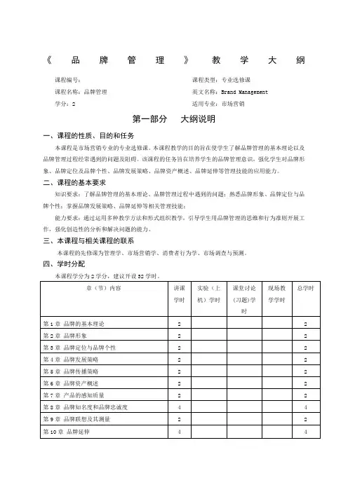 品牌管理教学大纲