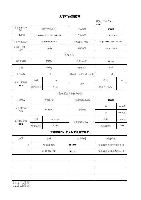 叉车产品数据表