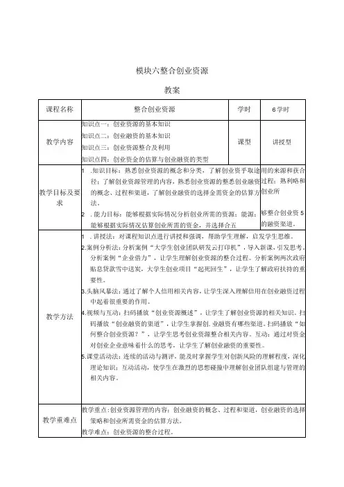 《大学生创新创业》教案模块六整合创业资源