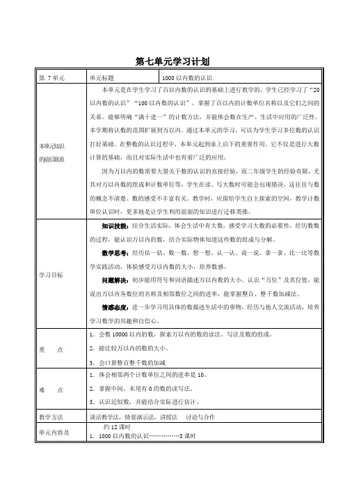新人教版二年级下册数学第七单元导学案