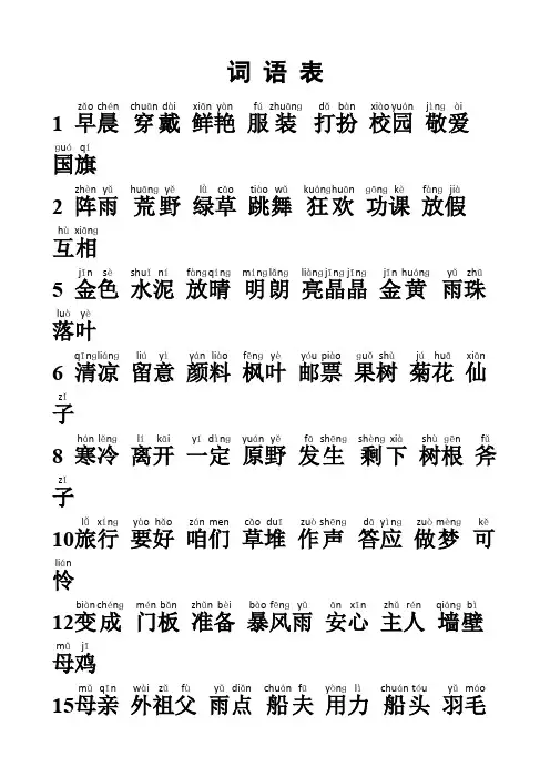 部编版三年级语文上册词语表拼音版