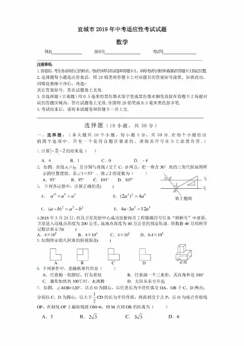 襄阳市宜城市2019年中考适应性考试数学试卷（附答案）